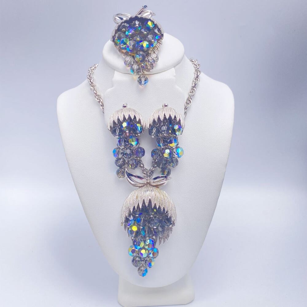 Vintage Mid Century Crystal Parure – Necklace, Earrings & Brooch ✨